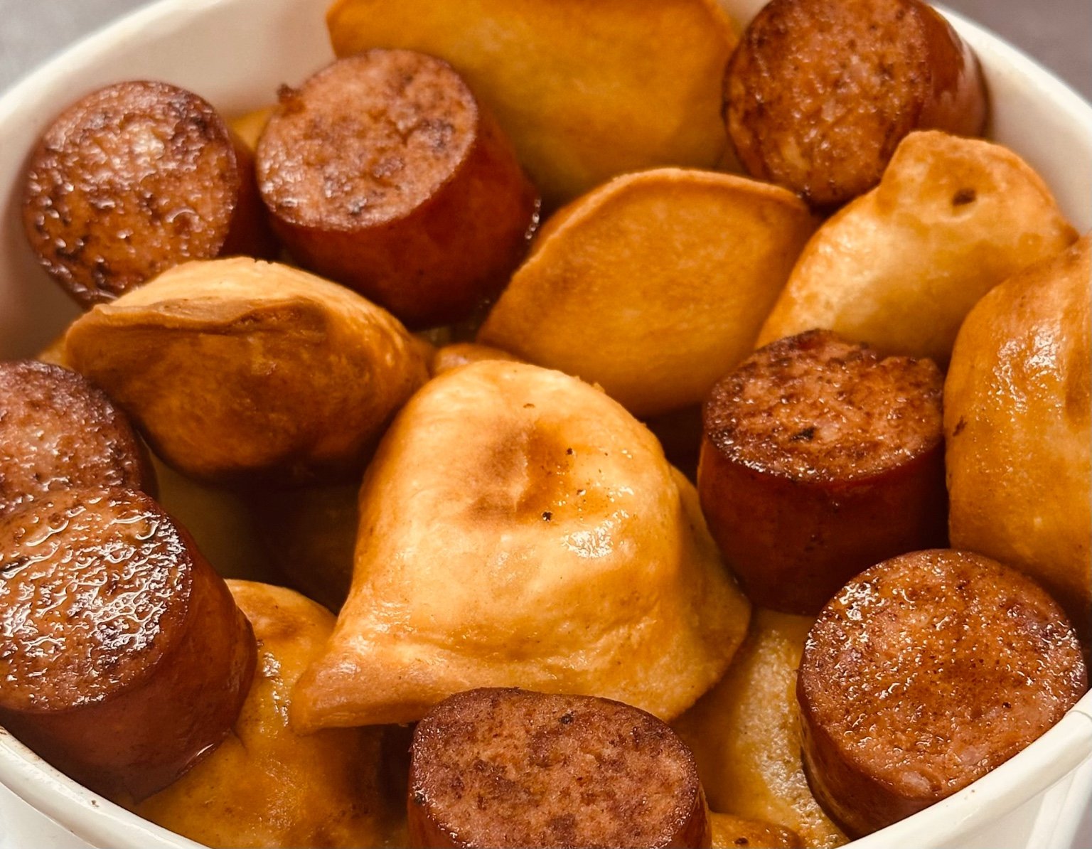 Crispy pierogies with kielbasa